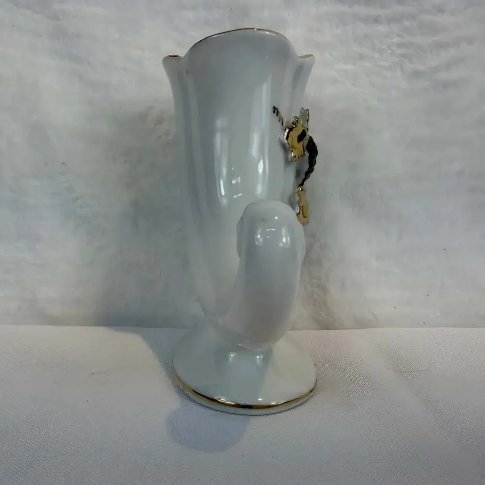 Small vintage porcelain cornucopia vase white w/ gold trim purple grapes 5”
